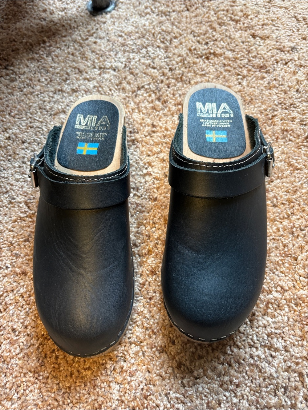 MIA Womens Black Leather Clogs with Adjustable Strap. Size 38